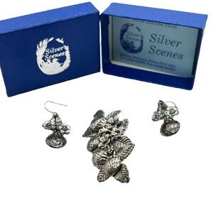 Strawberry Brooch Pin And Earrings Silver Scenes Womens Silver Plated Set Wales